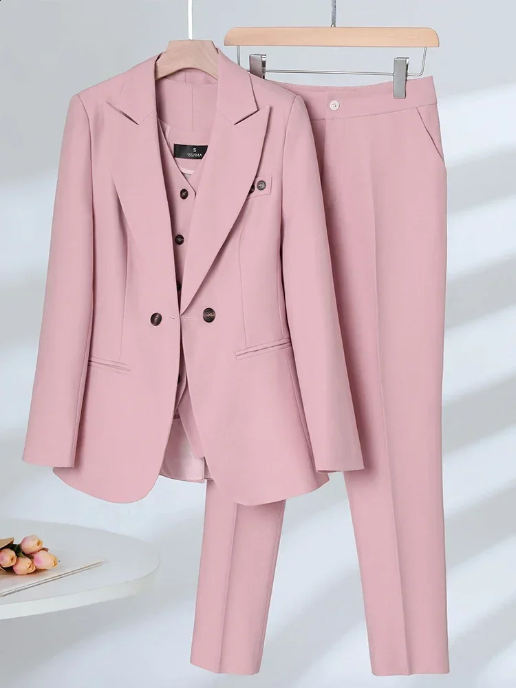 Womens formal jacket vest pants autumn winter navy blue pink almond office womens business professional workwear 3piece set 250319
