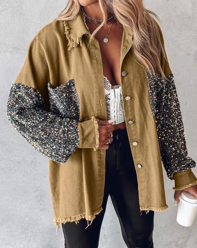 Young womens jacket for spring and summer latest lapel long sleeved contrasting sequin original hem jacket colorful lock top jacket 250317