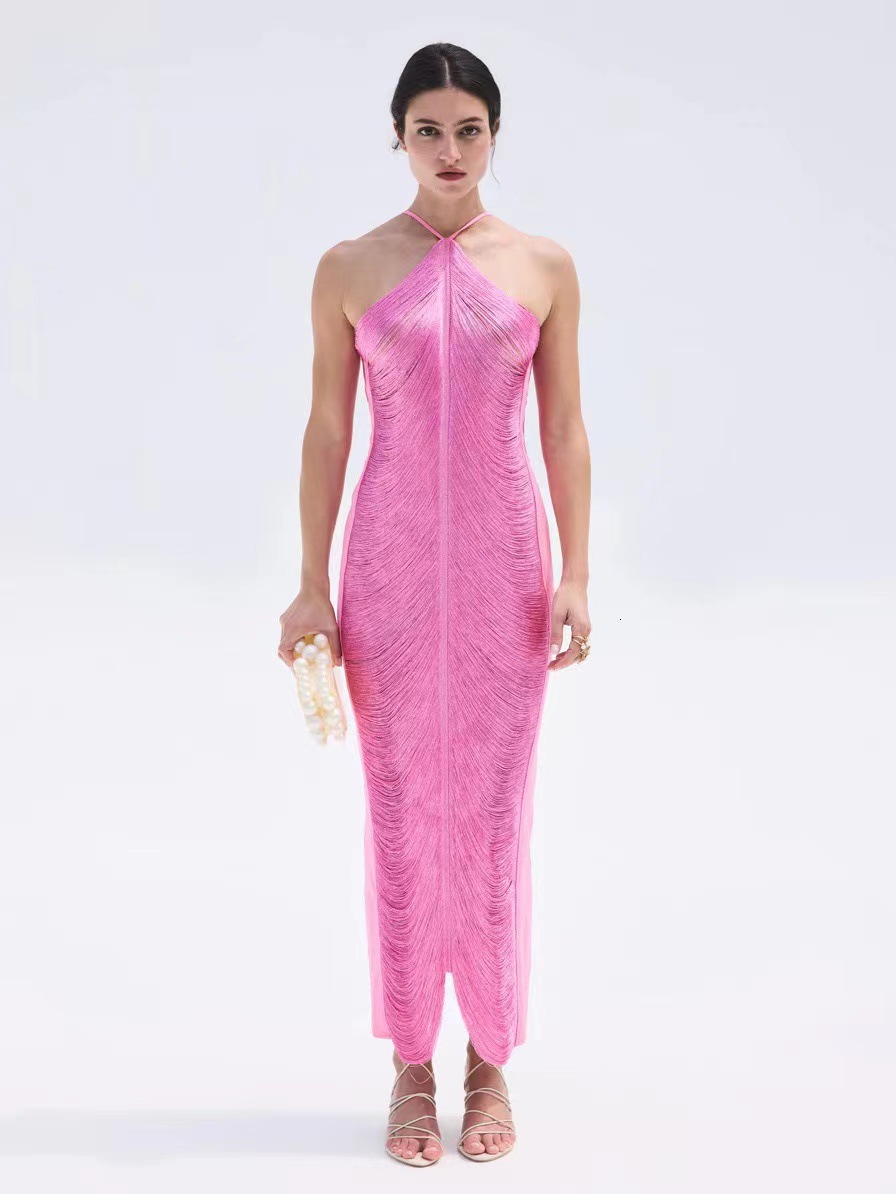 GY2398 Fashion Tassel Back Split Hanging Neck Dress