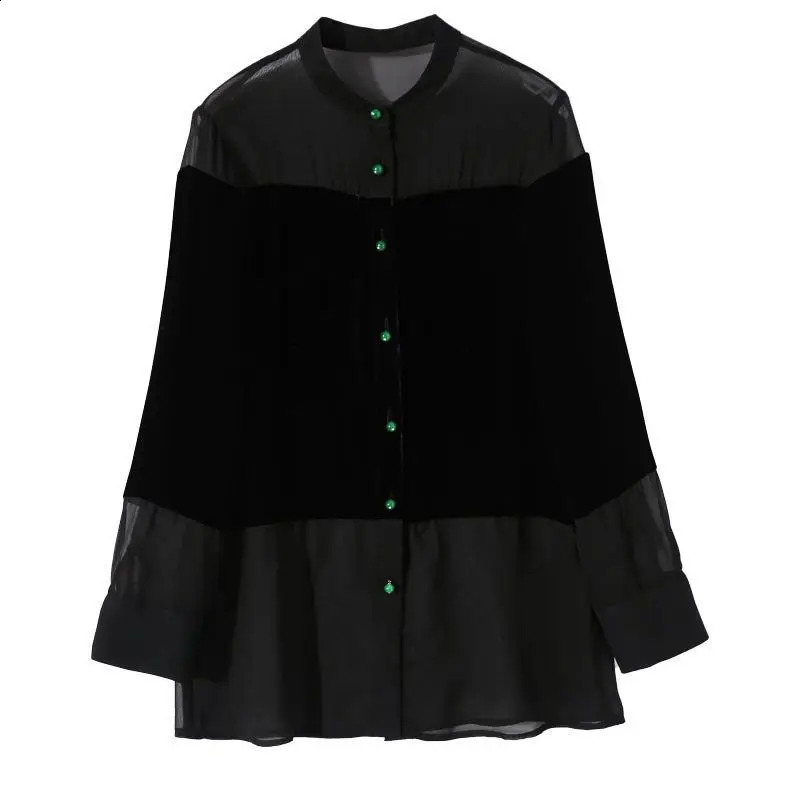 Elegant and fashionable Harajuku ultrathin fit fully matched Blusa decal solid button long sleeved top for womens standing collar clothing 250318