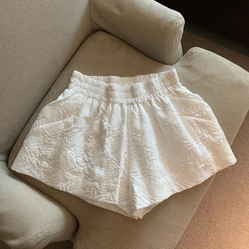 Womens Casual Wide Leg Shorts Vintage Black White Jacquard Shorts Female Korean Chic Elastic High Waist Streetwear Short Pants 250319