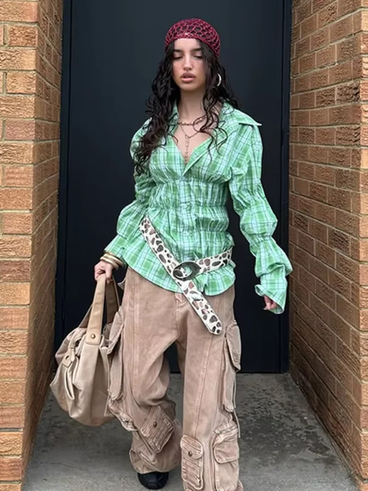 Womens solid pleated collar shirt casual single chest long sleeved loose spring womens high street top 250318