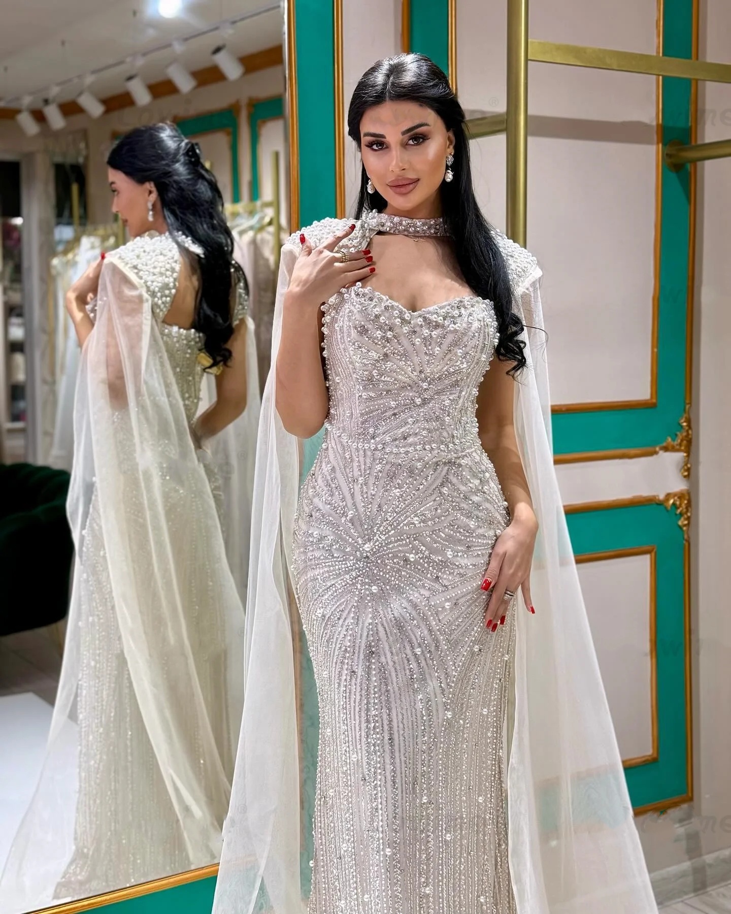 Designer Mermaid Wedding Dress Jewel Neck Long Sleeves Bridal Gowns Pearls Beaded Sequins Sweep Train Dresses Custom Made vestidos de novia