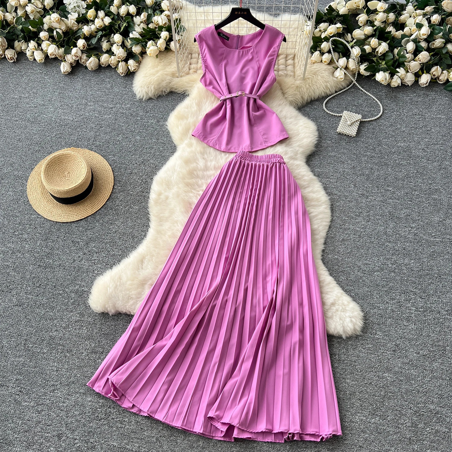 Summer Women White long Skirt Suit Sleeveless Oneck crop top pleated set elegant dress 2 piece skirt 250318