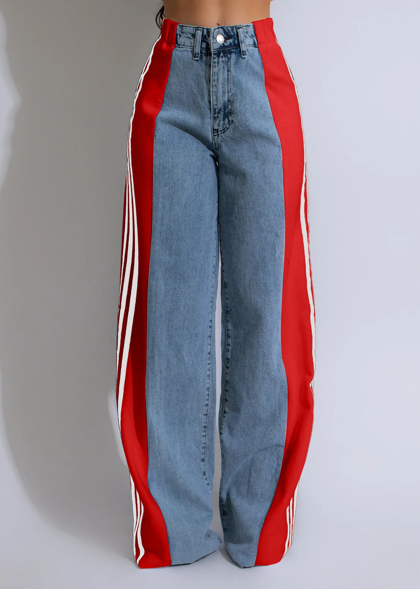 Fashionable womens jeans summer loose patch work high waist comfortable street can wear casual wide leg pants 250317