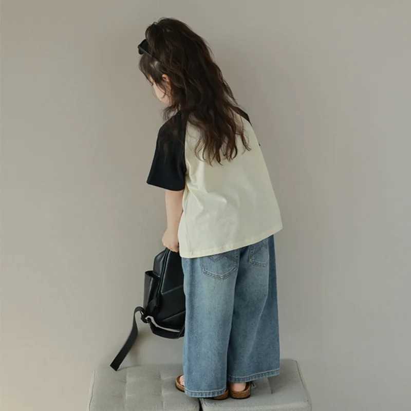 Summer and autumn childrens girls pants high-quality denim fabric girls loose straight jeans 3-8T casual pants wide leg pantsT250318