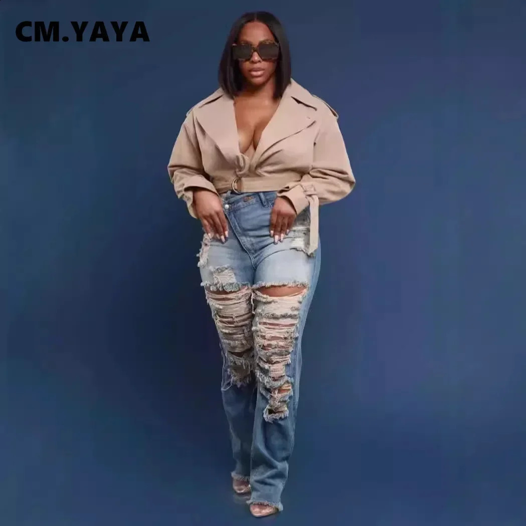CM. YAYA jeans womens retro sexy hole hollow jeans cracked pencil pants street tight high waisted womens pants 250314