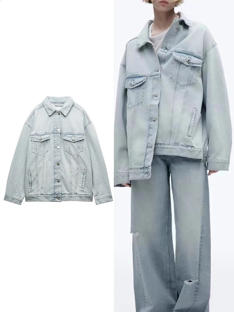 TRAF Womens Fashion Vintage Washed Denim Jacket Single Breasted Long Sleeve Lapel Hundreds of Bottom Shirt 250319