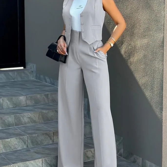 Pants Set Womens Wide Leg Two Piece Single Chest Veterinary Sleeveless High Waist Elegant Trouser Pocket Solid Coat 250319