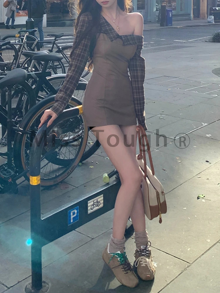 Autumn Sexy Style Two Piece Patchwork Dress Casual Fashion Retro Women Clothing Korean Y2k Vintage Party Dresses 250319