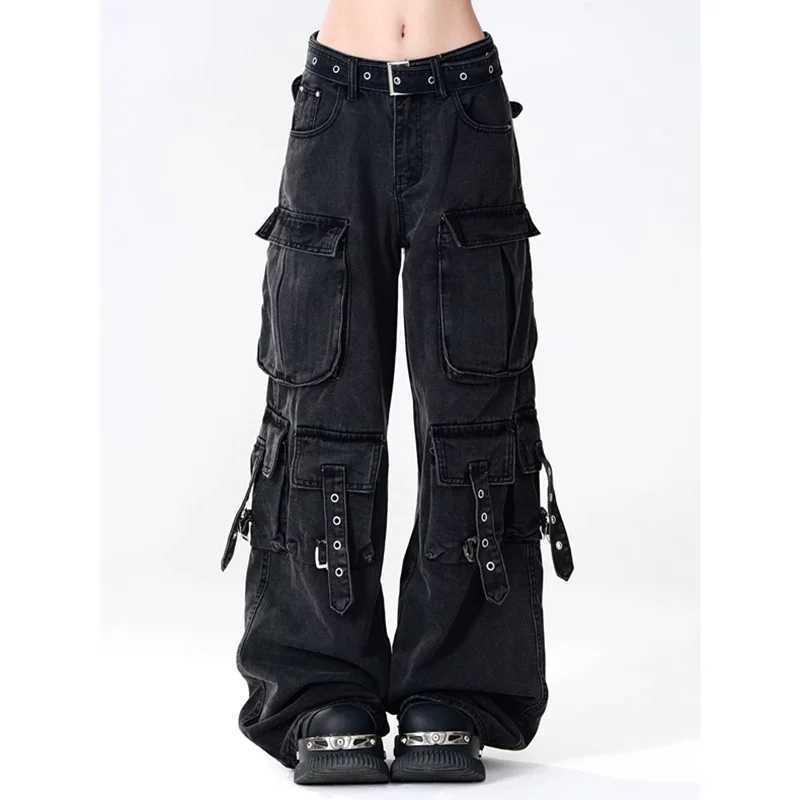 American retro hip-hop high waisted straight jeans 2024 autumn womens casual Y2K Grunge street pocket denim TrouserT250319