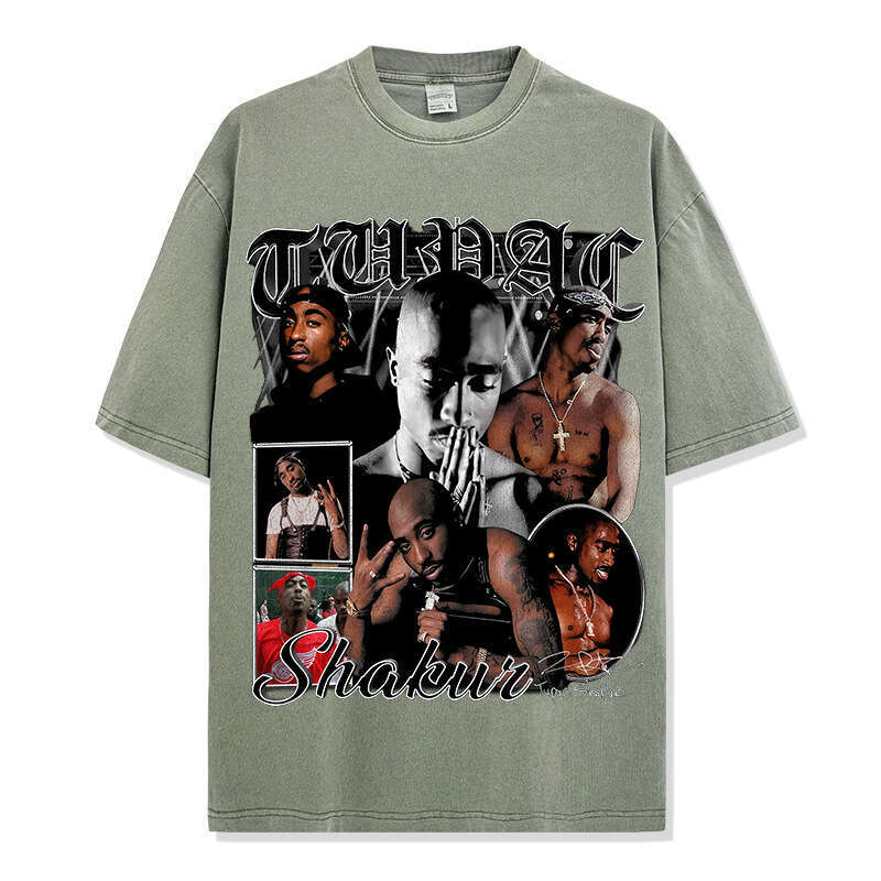 American Hip-Hop Tupac Printed Short Sleeved T-Shirt Vintage Washed Loose Neckline Ins