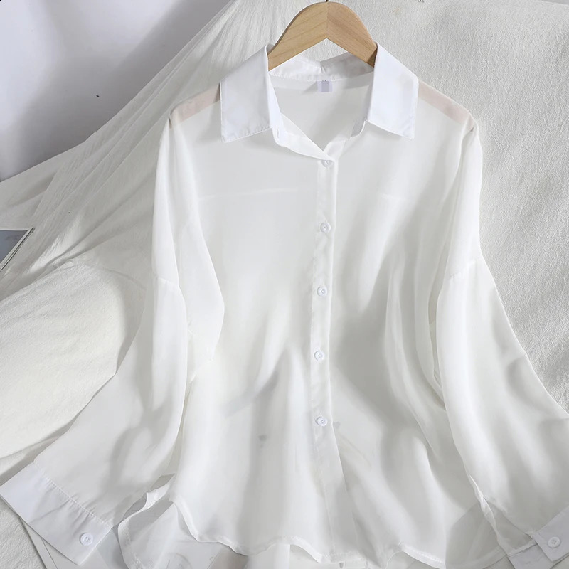 Womens solid color transparent long sleeved chiffon shirt casual loose beach cover button front fashionable and simple Versatile Top 250319