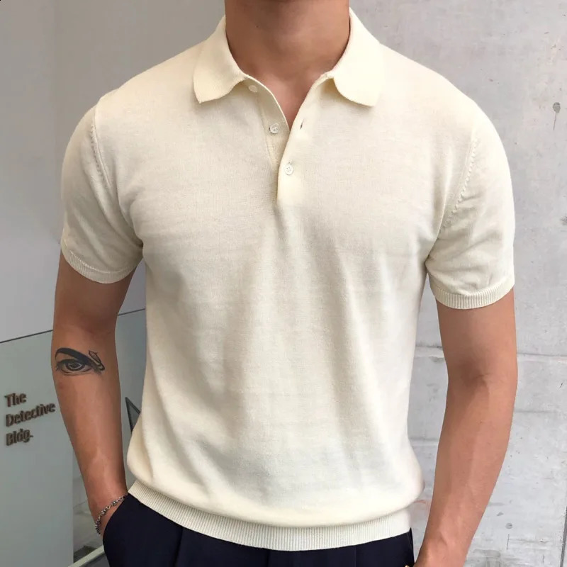 Summer Simple Solid Color Casual Slimming Collar Polo Knitted Breathable Polo Camissa Homble British Mens Manning Polo Shirt 250317