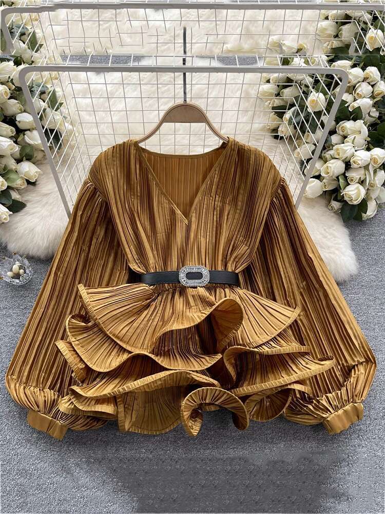 XFPV Elegant Solid V-Neck Belt Ruffles Patchwork Slim Blouse Women Temperament Basics Shirt 2025 Summer New Tide Fashion Sm6134