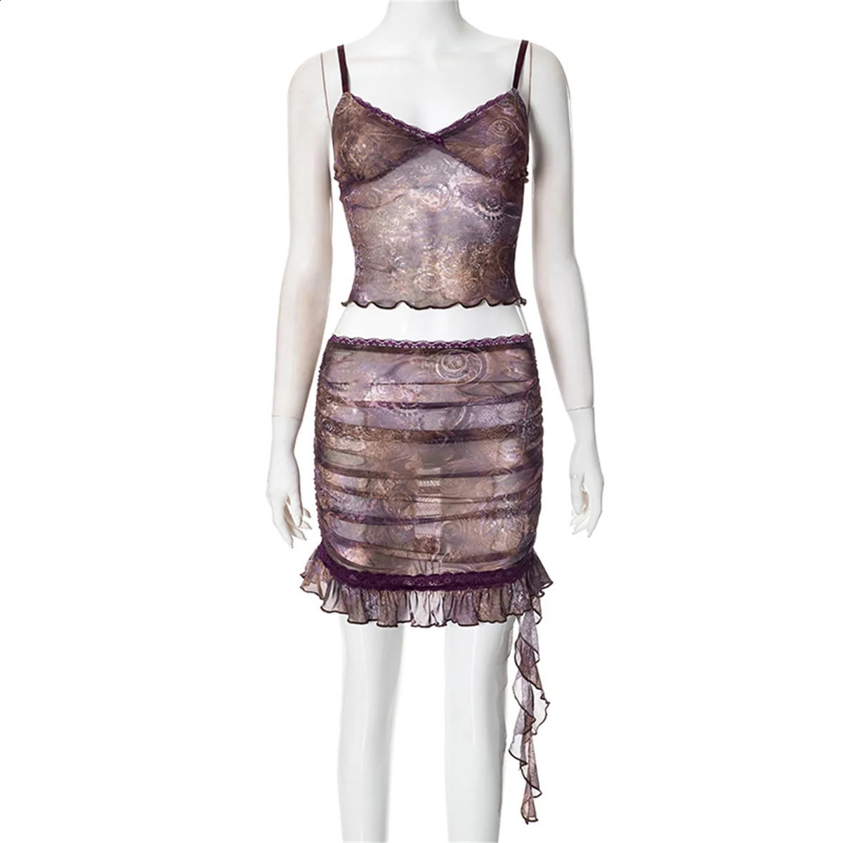 Sexy printed womens suit summer ultrathin sleeveless floral vest satin short skirt party club street Y2K 250318