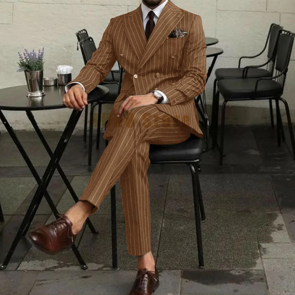 Men Suits Mens Two Piece Suit Double Breasted Man Fashionable and Slimfitting n Groom Wedding Dress Casual Striped Fabric 250311