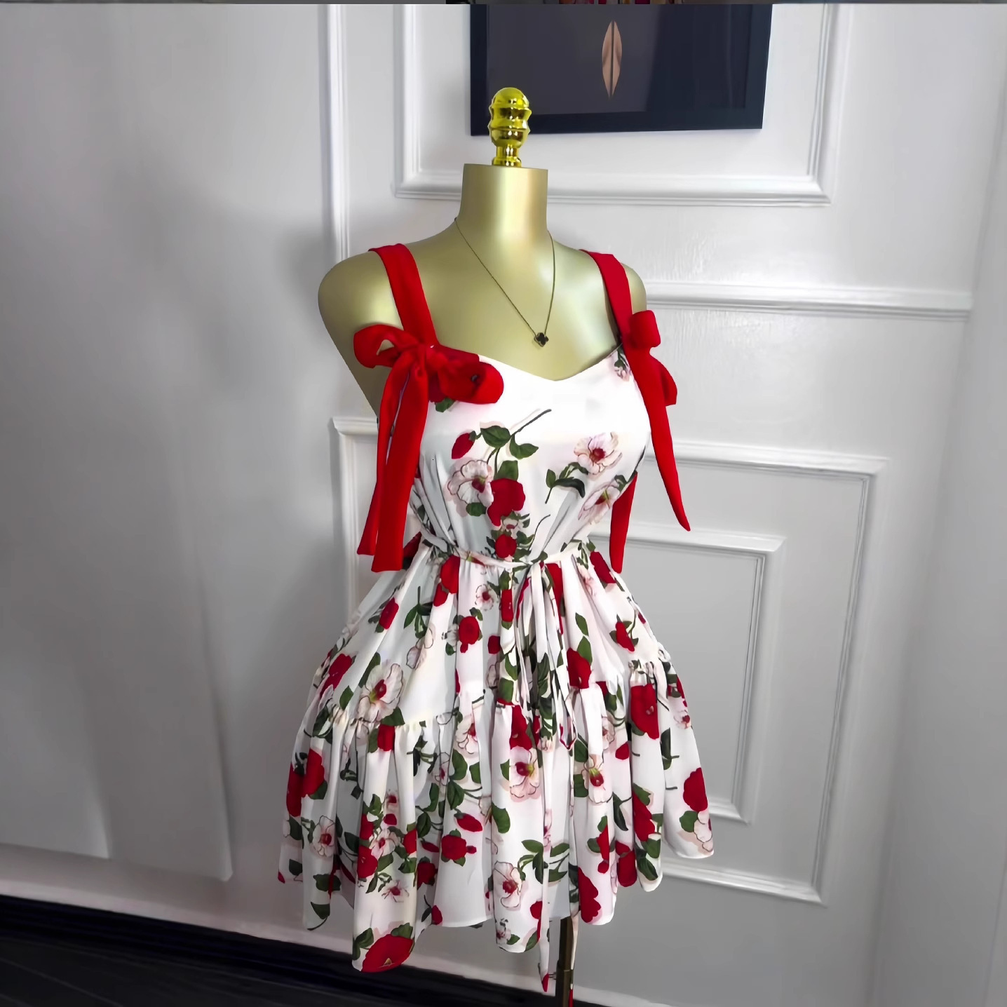 Women's 2025 Spring New Sleeveless Printed Shoulder Bow Strap Folded Short Dress