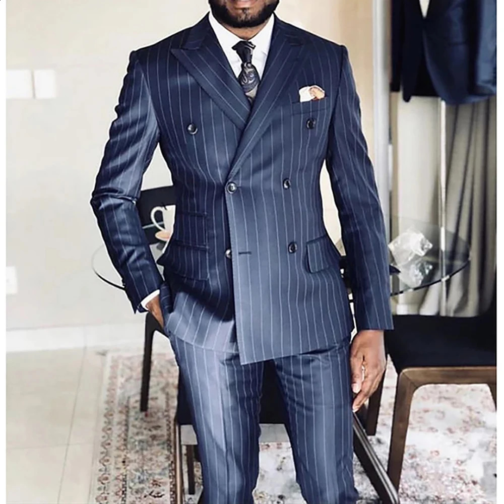High Quality Double Breasted Men Suits Formal Occasion Lapel Blue Stripe Outfits Elegant Office 2 Piece Jacket Pants Blazer 250311