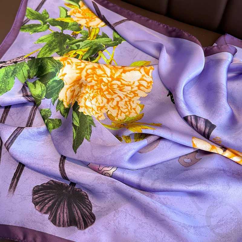 Purple Floral Print Silk Scarfs Men 70cm Square Scarves Fem Hijab Soft Satin Neckerchief Casual Decorate Lady Neck Ties X250319