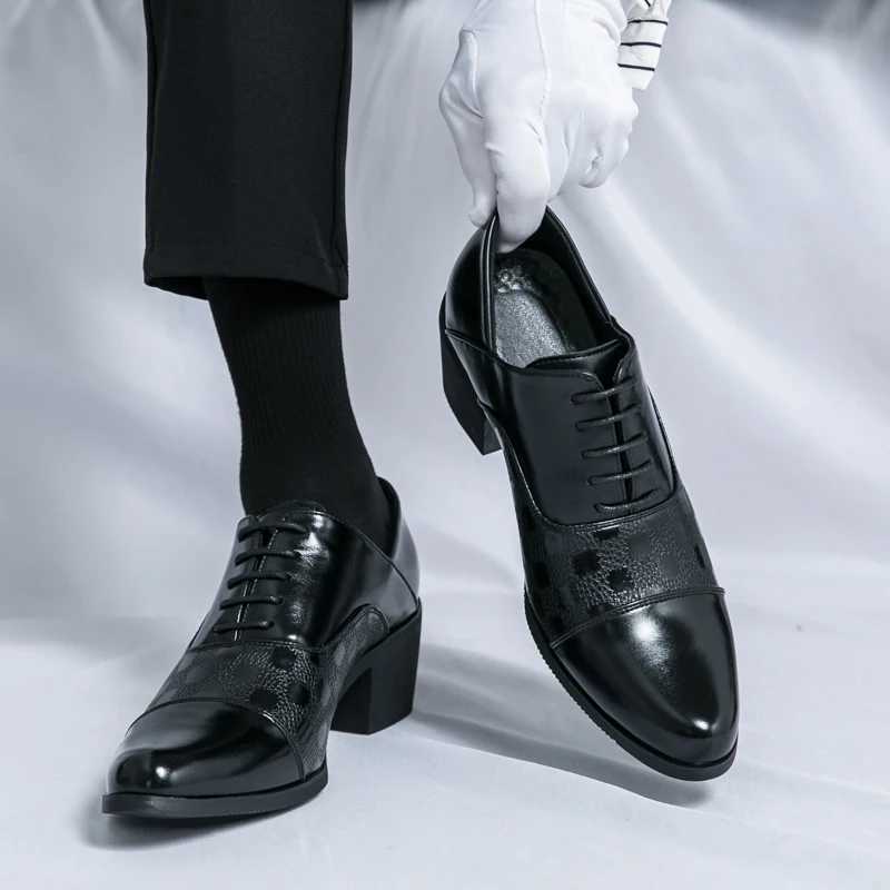 Fi brown dress shoes mens high heels Pointed Plus size 46 leather shoes mens Pahwork checkered mens wedding shoes height increaseXJ250319
