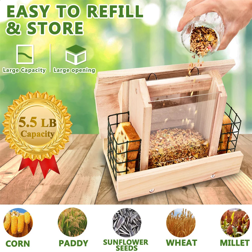 55LB wooden bird automatic feeder food feeding tool hanging outdoor large 250318