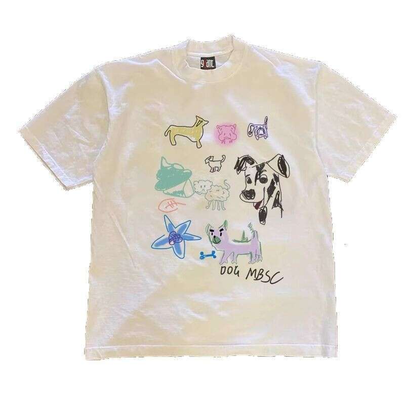American oversized pure cotton hand-painted cat and dog graffiti couple style women's loose short T-shirt men's half sleeved shirt