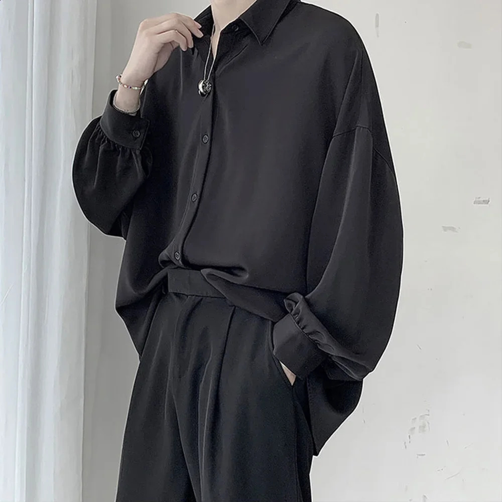 Korean mens long sleeved shirt with black tie comfortable casual solid color oversized breathable and loose Harajuku 250317