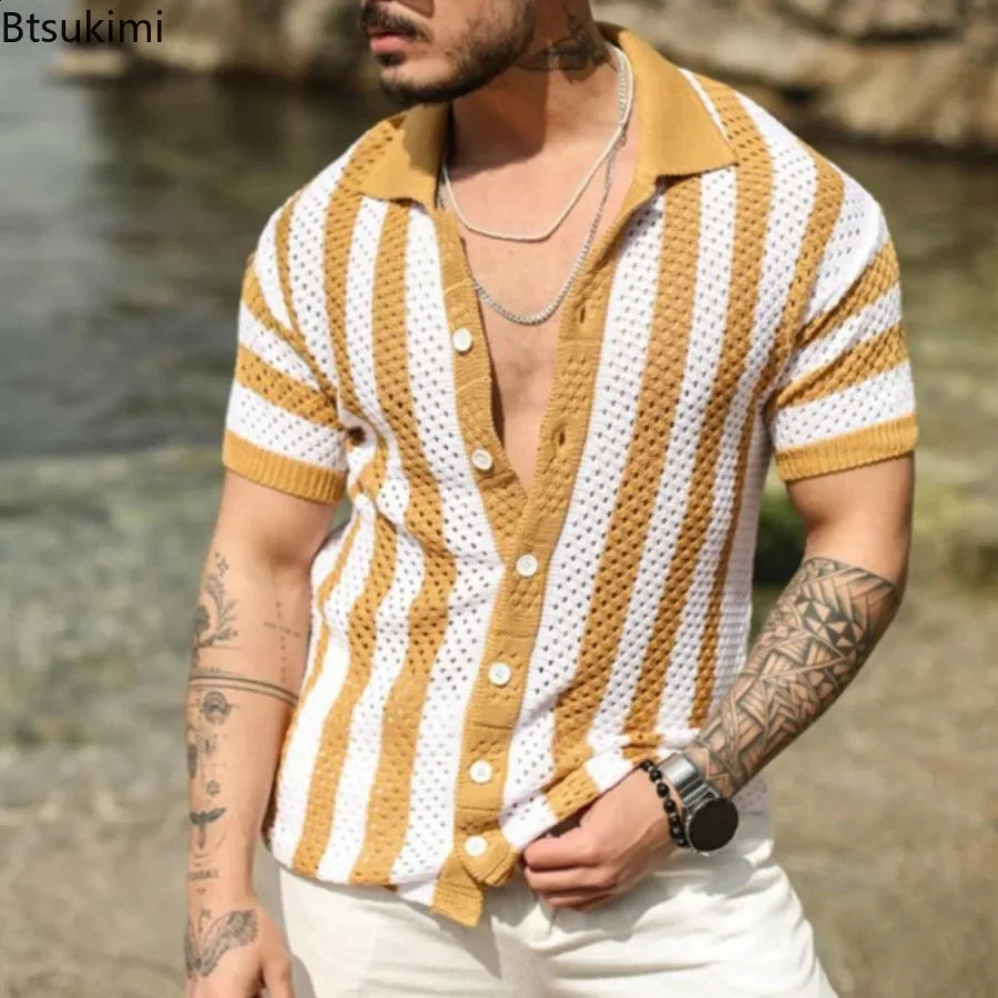 Mens Summer Striped Hollow Out Knitted Short-sleeved Polo Shirts Casual Loose Cardigan Tops Male Streetwear T-shirt 250317