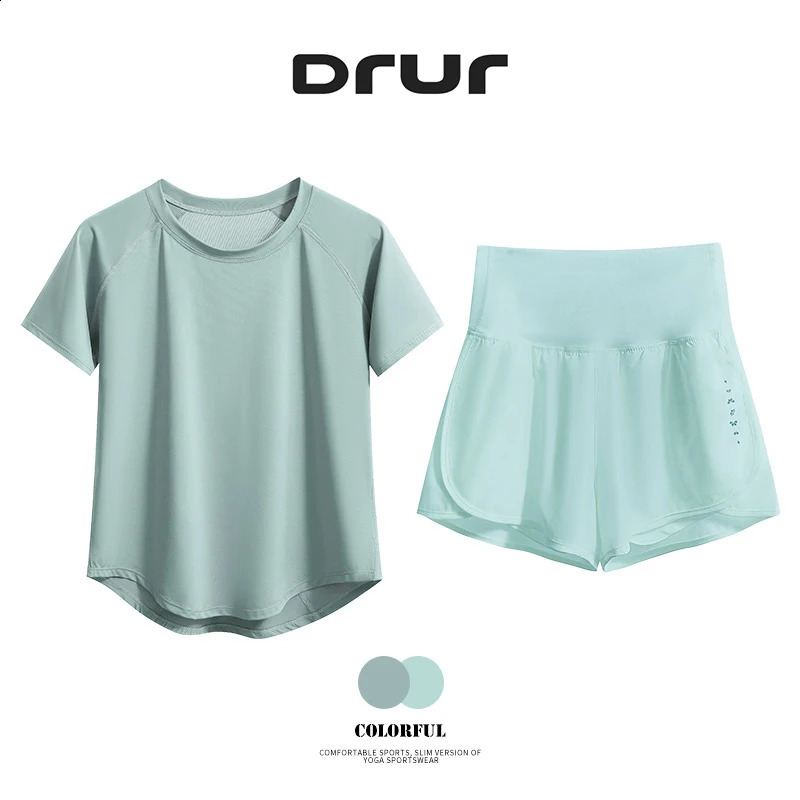 DRUR 2pcs Sport Set Women 2 Piece Running Suit Summer Sportswear Outfits Short Sleeve Gym Tops Shorts Sets Woman Fitness Clothes 250318