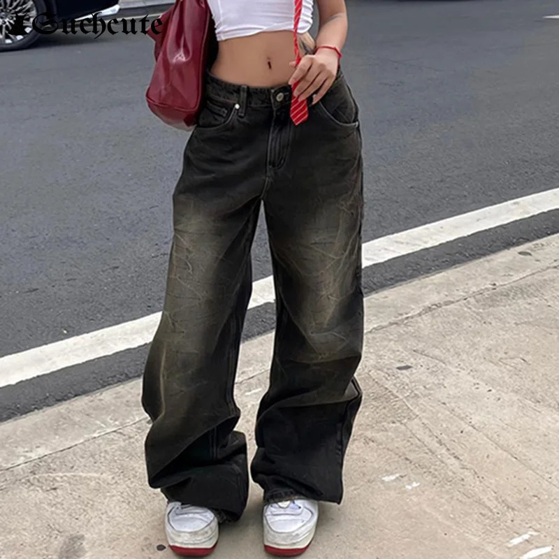 SUCHCUTE low rise womens Gothic jeans Y2K style bagged punk wide leg Kpop casual loose streetwear 250317