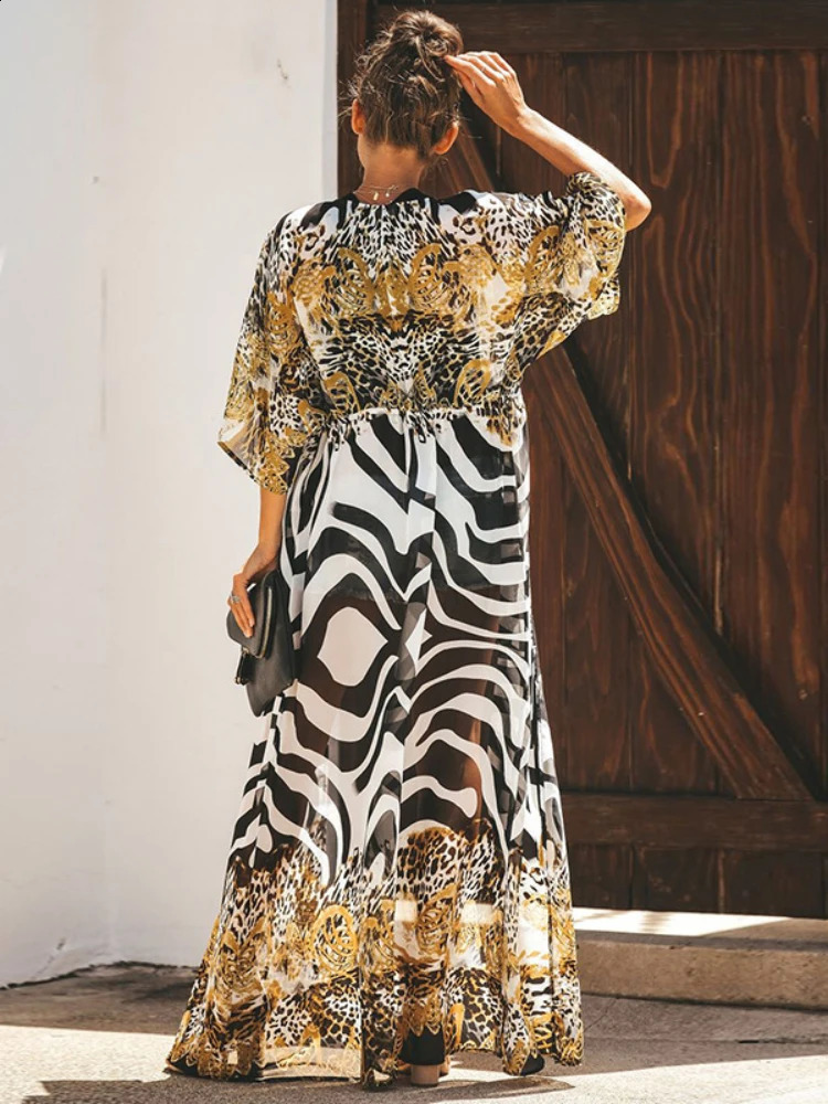 Bikini Cover Up Chiffon Beach Kimono Women Leopard Printed Long Cape for Swimsuit Tunic Summer Beach Wear Factory Supply 250319