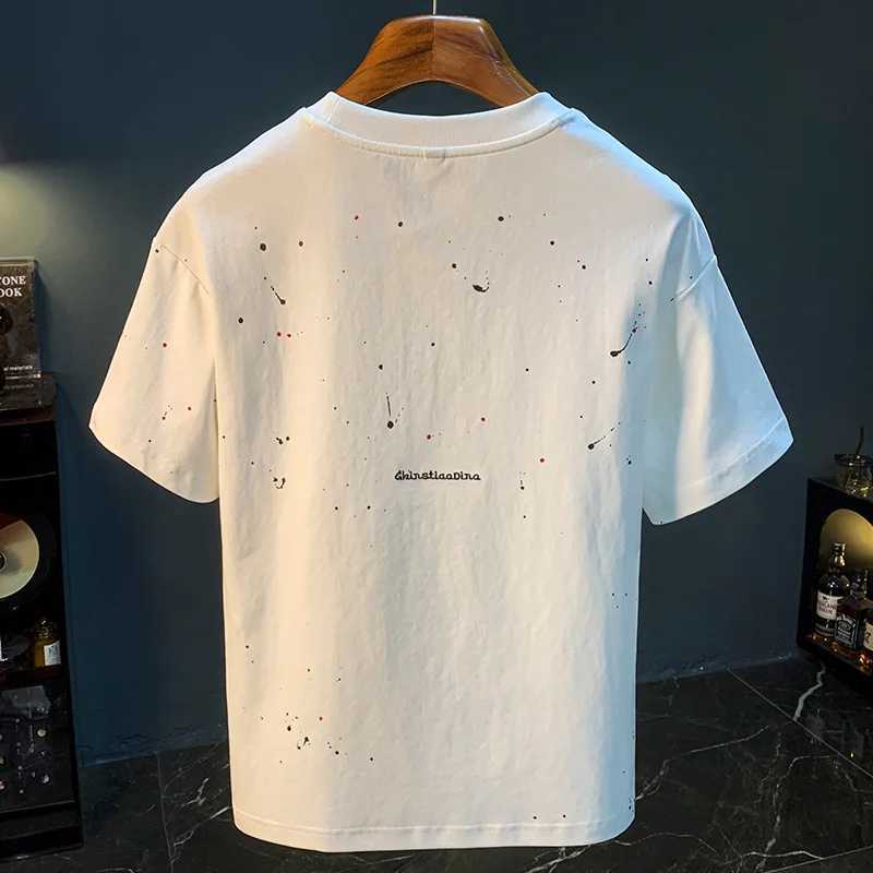 2025 Summer Trend Inkjet Printed T-shirt Short Sleeve Mens Thin Round Neck Large Size Breathable Embroidered White TopT250318