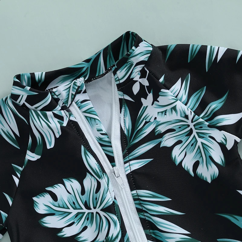 Baby Girl Rash Guard Swimsuit with Hat 2 Pcs Set Floral Print Zip Up Long Sleeve Crew Neck Toddler Girl Swimwears 250319