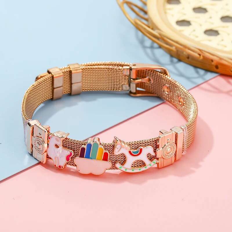 10mm Unicorn Rainbow Beads Charm Bracelets DIY Stainless Steel Mesh Belt Bracelet Pulseras Mujer For Women Men Jewelry Gift