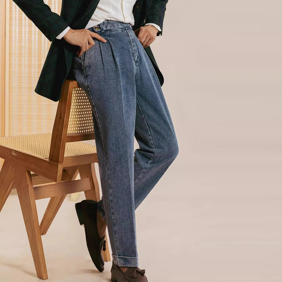 Mens Autumn Naples High Waisted Washed Double Pleat Jeans England Straight Solid Soft Pants Slim Fit Draped n 2025 250311