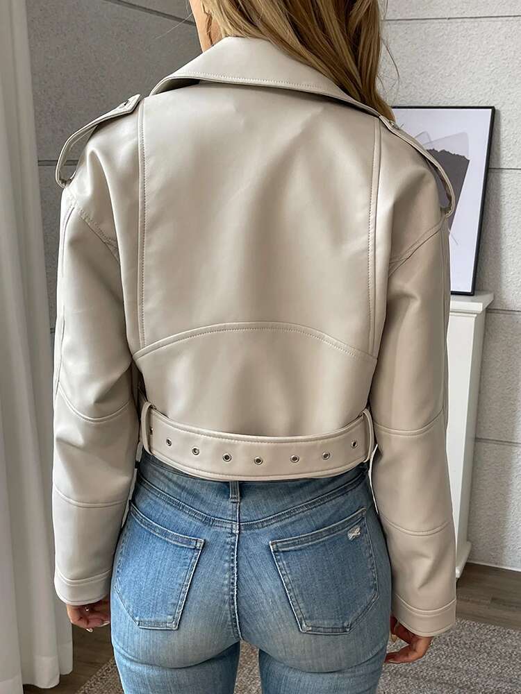 Aigo Streetwear Women Loose Moto Biker Pu Faux Leather Jacket Spring Autumn Female Zipper Belt Retro Coat Outwear