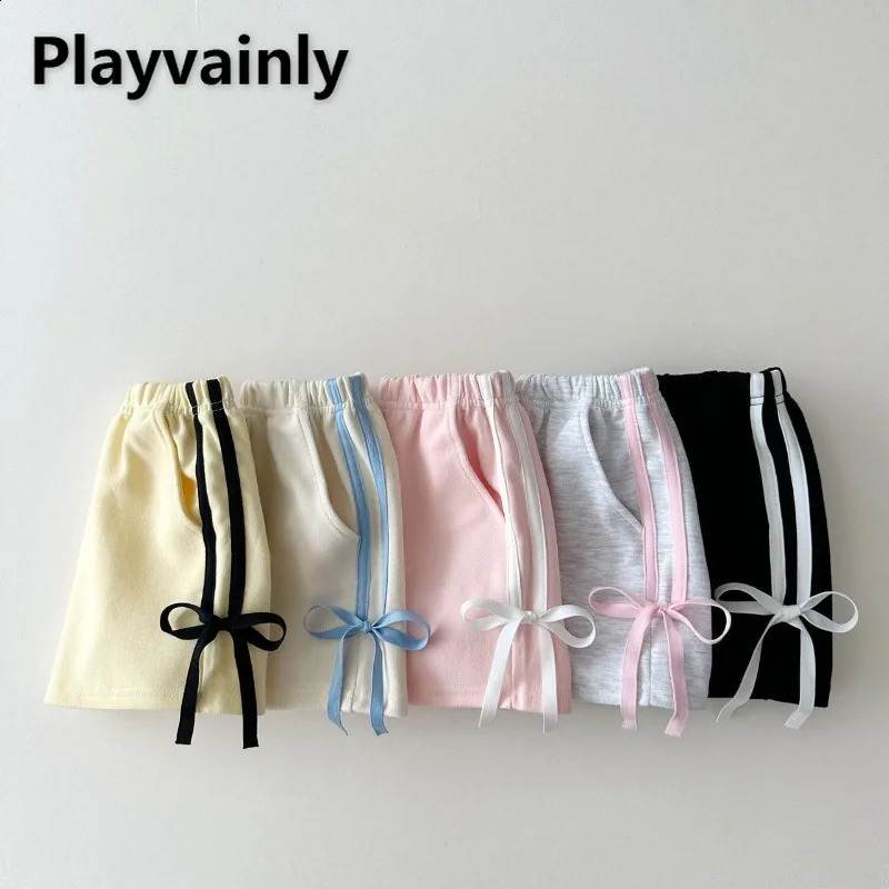 Korean Style Summer Baby Girls Sports Shorts Side Seam Stripe Bow Elastic Waist Loose Pants Casual Children Clothes A24147 250319