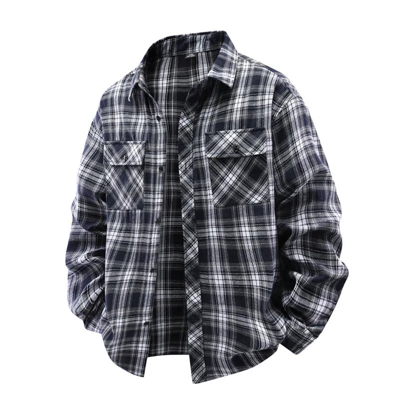 Mens Plaid Long Sleeve Shirt Streetwear Versatile Minimalist Style Thin Casual Loose Fit Work Shirt with Dual Chest Pockets 250314