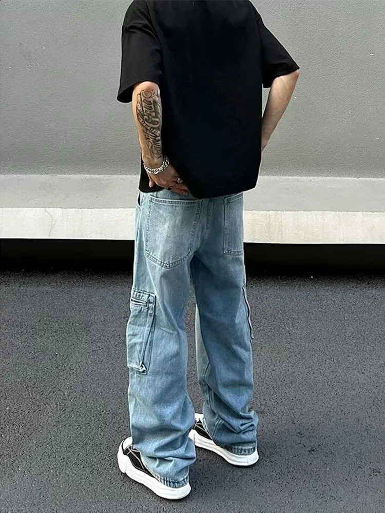 Ropa Y2K Fashion Multi Pocket Laundry Blue Pocket Jeans Mens Cargo Pants 90s Retro Clothing Straight Denim Trouser 250317