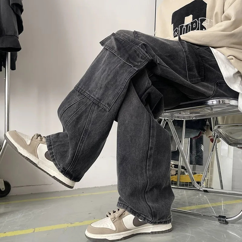Mens patch work blue cargo jeans unisex straight casual mens multi pocket hip-hop streetwear 90s retro fashion pants 250317