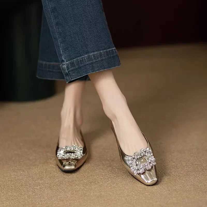 Womens Apartment Single Shoes Spring and Autumn Solid Pu Rhine Mary Jane Shoes Casual Womens Slippers Silver Gold MoccasinXJ250319