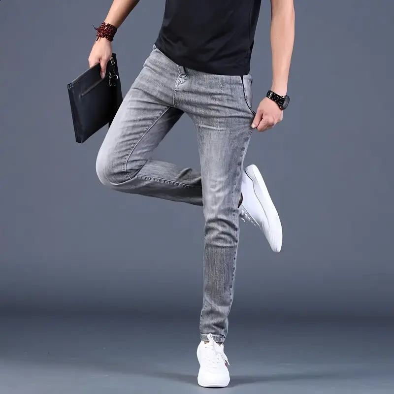 Luxury Mens Summer Thin Elastic Cotton Stretch Streetwear Denim Jeans 2023 Style Slim Fit Tapered Grey Casual Pants 250312