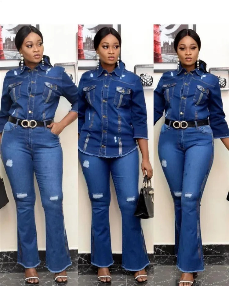 Two piece womens denim suit jeans jacket single chest revolving door collar sparkling pants womens clothing casual ensemble 250314