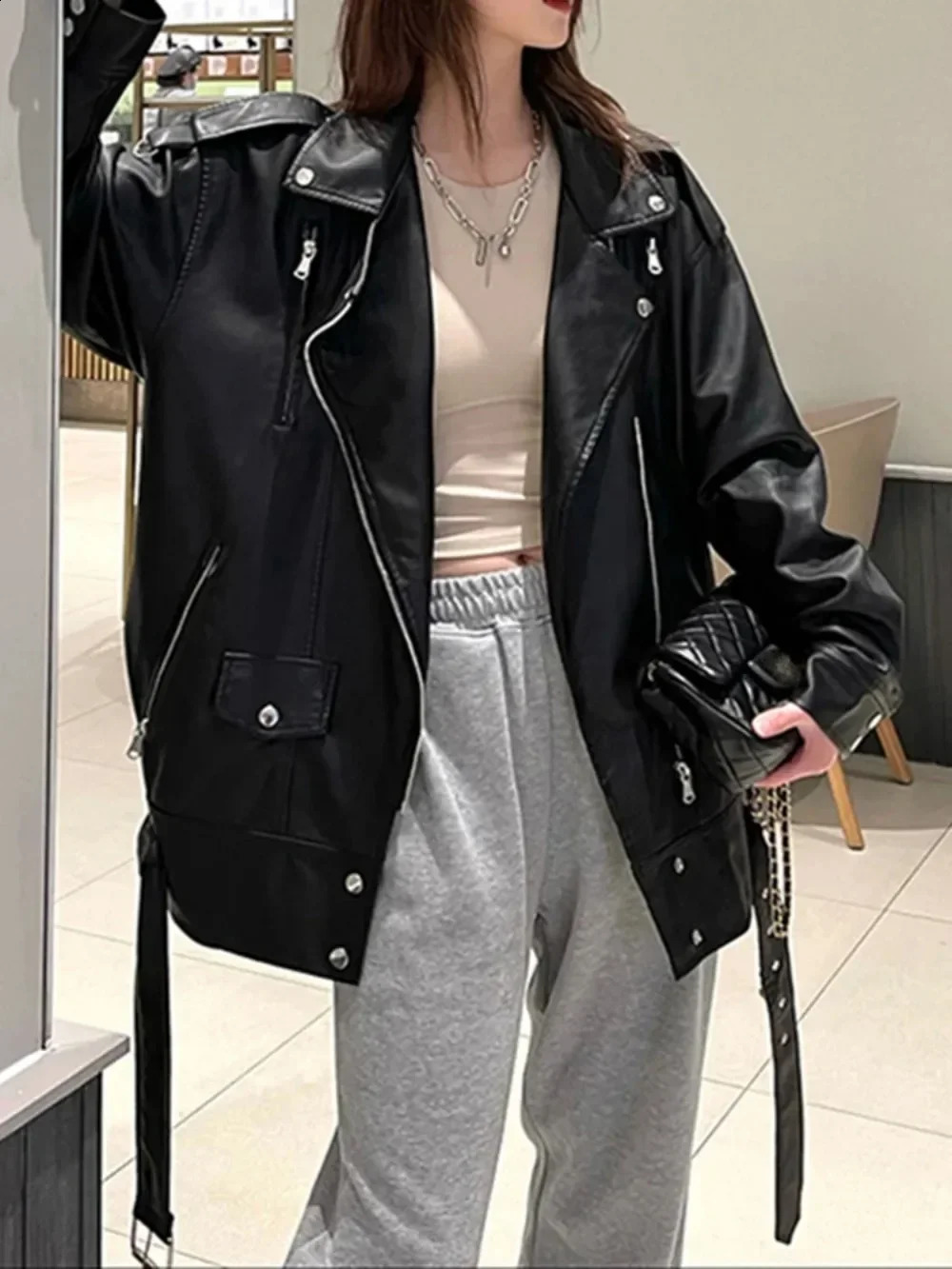 Black PU leather jacket European motorcycle synthetic fashionable womens with ultrafine belt 250319