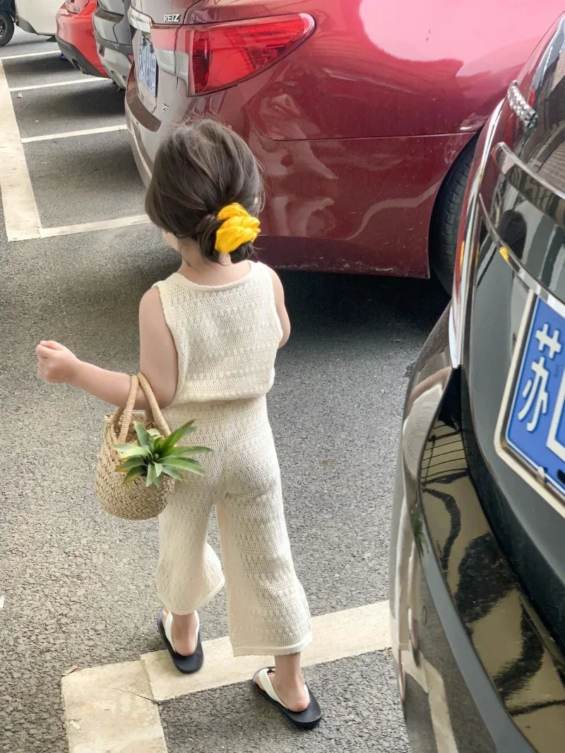 Girls Clothing Sets Summer Korean Thin Knitted Girl Set Children Hollow Breathable Vest Wide Leg Pants Two-piece Suit 250319