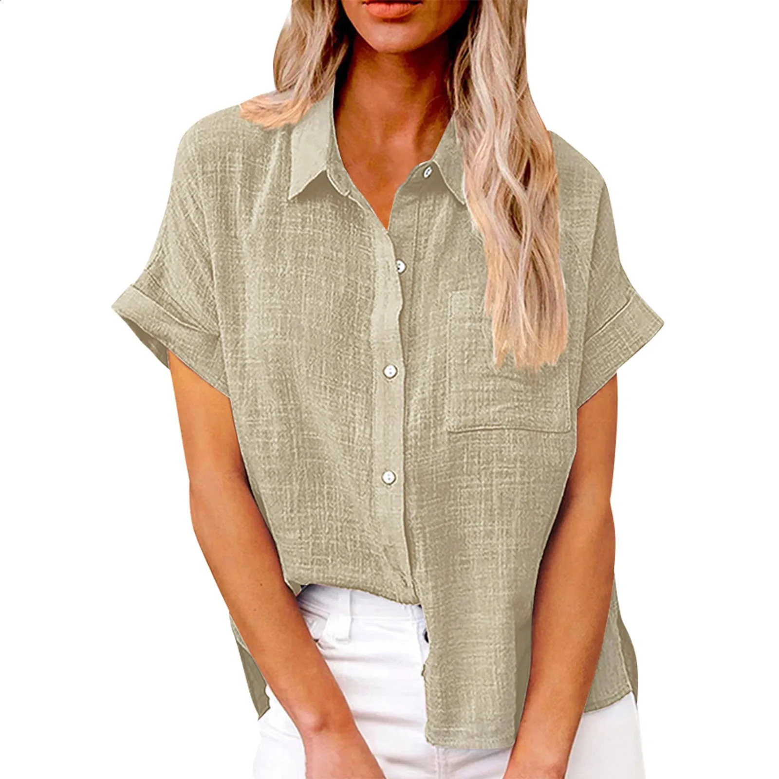 Womens simple and fashionable shirt casual classic shirt cotton linen short sleeved collar button up shirt warm top 250318