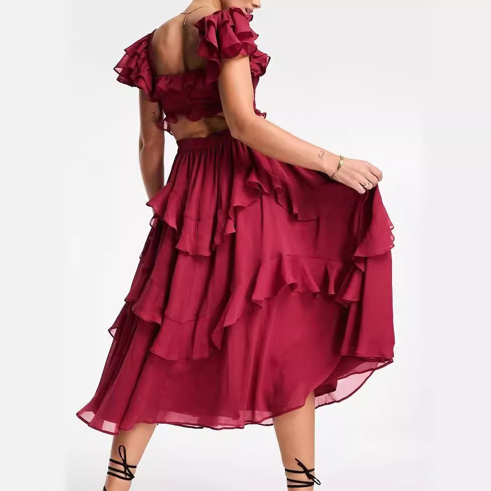 G6155 New style dress holiday dress lace backless hollow cake skirt ruffled pleated long skirt