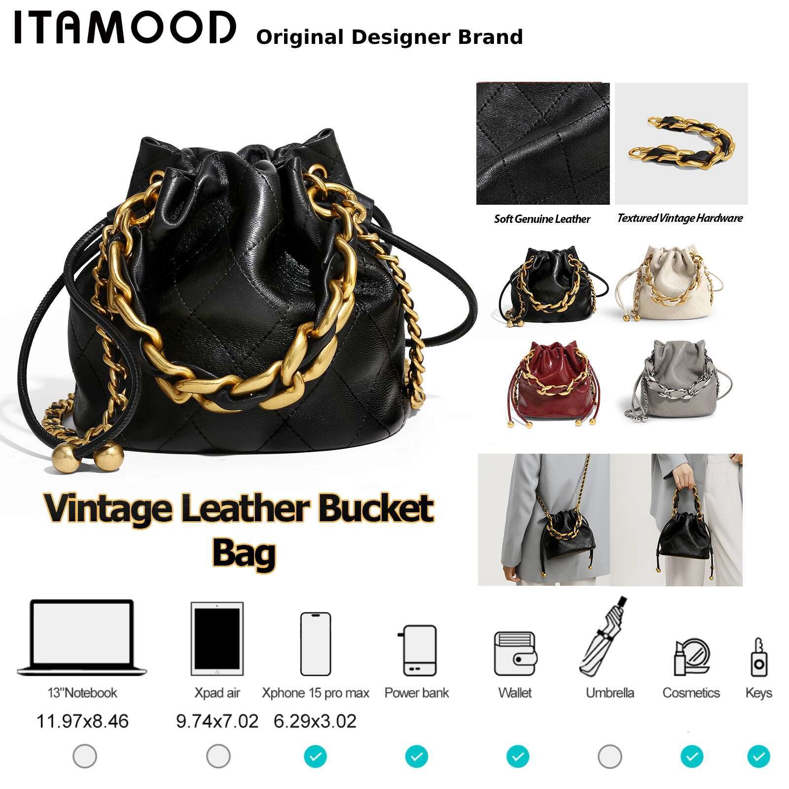 TOUTOU Genuine Leather Quilted Drawstring Bucket Bag Women With Chain Strap Crossbody Handbag For Daily Use And Commuting
