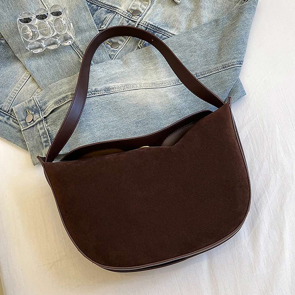 Women Suede Shoulder Solid Underarm Magnetic Closure Crescent Retro Hobo Bag For Work Travel Shopping